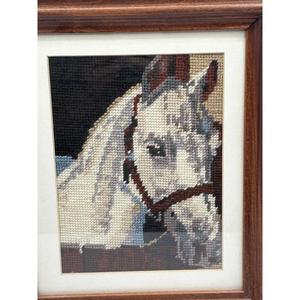 Vtg Framed And Completed Needlepoint White Horse Head Wall Art Western 14